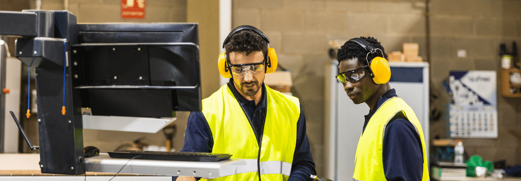 Two Men at a Work Factory Station in PPE